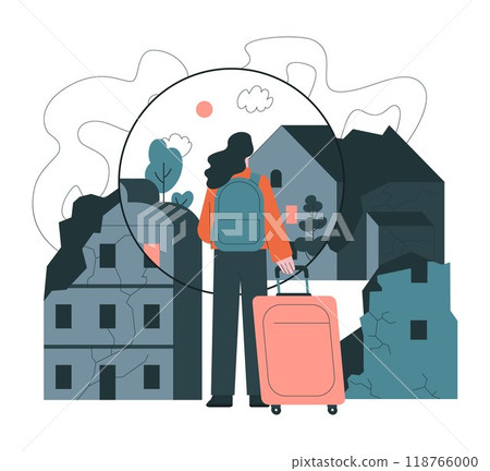 20 June, world refugee day. Female refugee with a suitcase abandone destroyed home because of war and look for a safe place to live. Social crisis idea, volunteer help. Flat vector illustration 118766000
