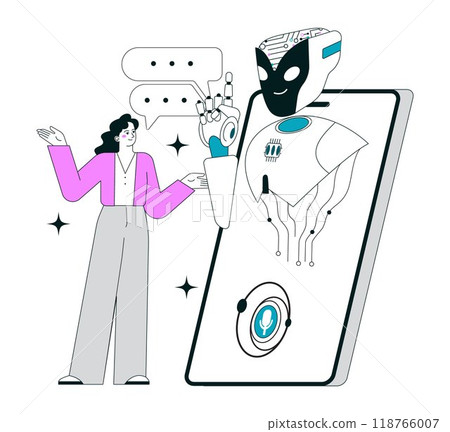Impact of Artificial intelligence on business. AI-powered customer service, automatic chatbot assistant helping a client. Self-learning computing system processing big data. Flat vector illustration 118766007