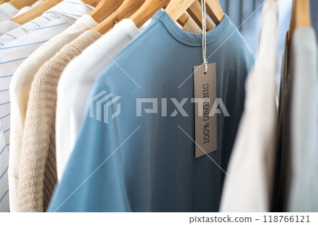 Knitted clothing with a 100% organic label. 118766121