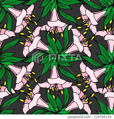 symmetrical seamless pattern of pink flowers on a gray background, texture, design symmetrical seamless pattern of pink flowers on a gray background, texture, design 118766130