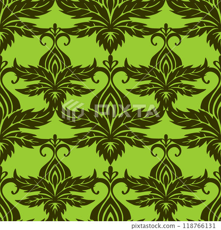 seamless symmetrical pattern of abstract green plant elements on olive background, texture, design 118766131