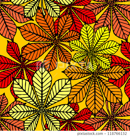 bright autumn seamless pattern of chestnut yellow and red leaves on a yellow background, texture, design 118766132
