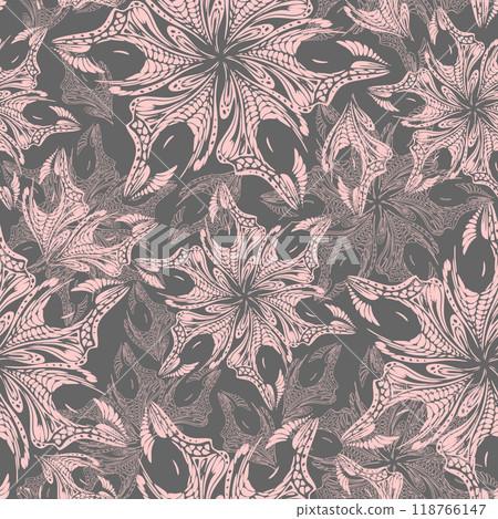 seamless pink openwork pattern of abstract decorative elements on a gray background, texture, design seamless pink openwork pattern of abstract decorative elements on a gray background, texture, design 118766147