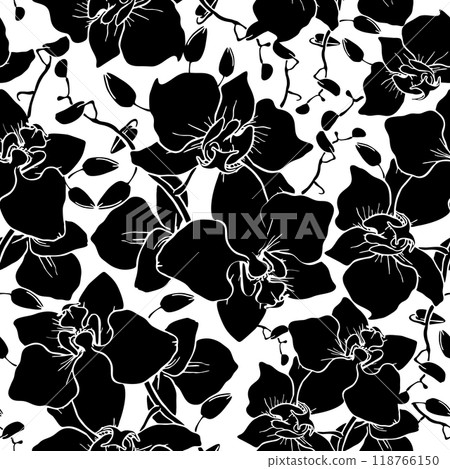 seamless pattern of large black silhouettes of orchids on a white background, texture, design 118766150