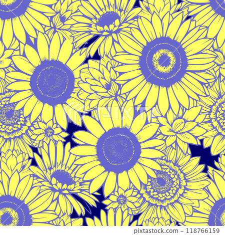 seamless pattern of yellow daisies with a blue outline on a dark blue background, texture, design 118766159