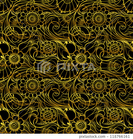 golden seamless pattern on a black background, floral repeating pattern, oriental motifs, mahendi 118766161