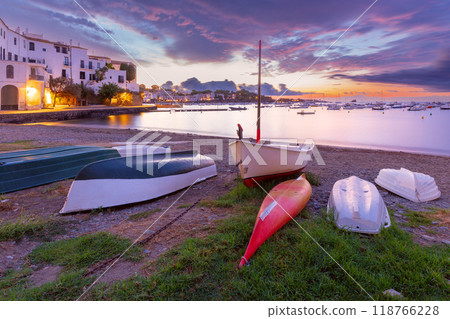 Dawn at Cadaques Bay with Boats on the Shore, Catalonia, Spain 118766228