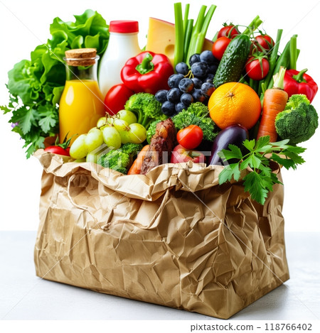 Fresh groceries and dairy in paper bags for nutritious meals while shopping Fresh groceries and dairy in paper bags for nutritious meals while shopping 118766402