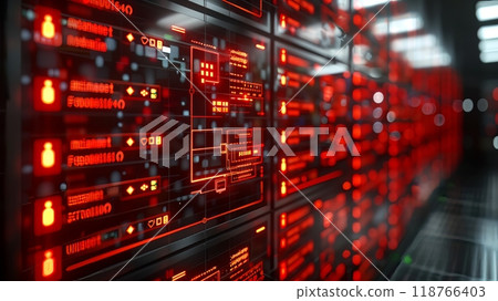 Hightech server room, bold red glow showcasing advanced data center  118766403