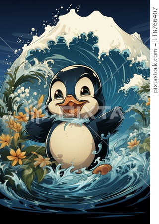 Adorable Penguin Riding Waves with Cheerful Floral Surroundings  118766407