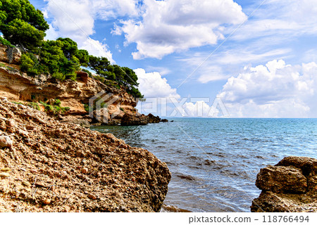 Views of the beautiful cove in the town of Miami Playa, Tarragona, Catalonia, Spain	 118766494