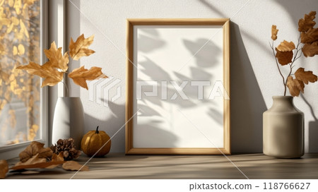 Autumn mood frame mockup with orange leaves 118766627