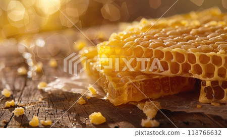 Natural beeswax advertising background with honeycomb 118766632