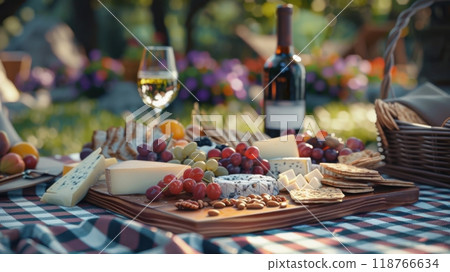 Elegant cheese board featuring a variety of artisan cheeses 118766634