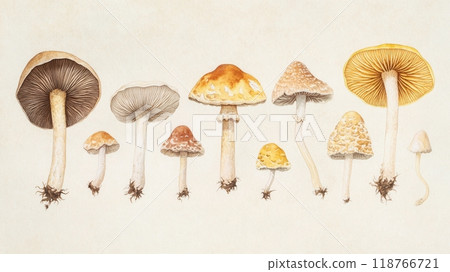 Detailed botanical drawing showcasing different mushrooms 118766721