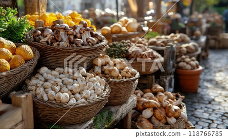 Farmers' market with mushrooms in various containers 118766785