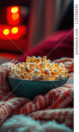 movie night at home with blankets and popcorn in cozy home. 118766846