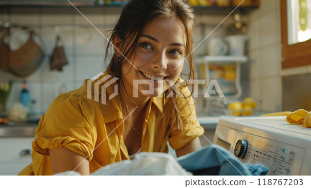 Woman Smiling While Doing Laundry in Cozy Kitchen 118767203