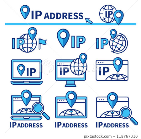 IP address internet protocol location pointer, online computer network geolocation icon set. Mobile phone digital device global web navigation position. GPS map pin point. Website domain place vector 118767310