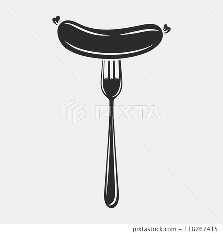 Flat Vector Cartoon Sausage on Fork with Outline Closeup Isolated on White Background. Vector Food Illustration for Menu, BBQ, and Culinary Design 118767415