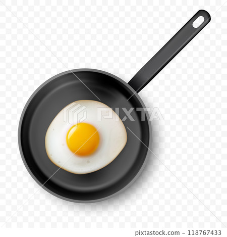 Vector 3d Realistic Fried Egg in the Black Frying Pan, Closeup Isolated, Top View. Design Template of Scrambled Eggs, Fried Egg, Omelette. Delicious Breakfast, Food, Culinary Concept Vector 3d Realistic Fried Egg in the Black Frying Pan, Closeup Isolated, Top View. Design Template of Scrambled Eggs, Fried Egg, Omelette. Delicious Breakfast, Food, Culinary Concept 118767433