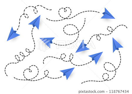 Vector Realistic Blue Paper Planes Collection. Paper Plane Icon Set. Heart Shaped Flying Paper Plane with Dotted Air Route. Blue Paper Planes with Dotted Route Line Vector Realistic Blue Paper Planes Collection. Paper Plane Icon Set. Heart Shaped Flying Paper Plane with Dotted Air Route. Blue Paper Planes with Dotted Route Line 118767434