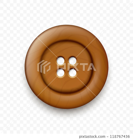 Vector Brown Color Wooden Two Holes Clothes Button Closeup, Isolated on White Background with Reflection. Round Button, Front View Vector Brown Color Wooden Two Holes Clothes Button Closeup, Isolated on White Background with Reflection. Round Button, Front View 118767436