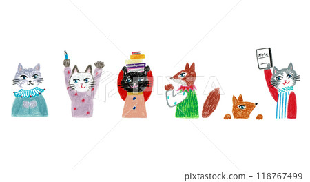 手繪插畫:並排坐在桌邊的動物 手繪插畫:並排坐在桌邊的動物 118767499