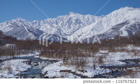 Winter in the Northern Alps: Mount Goryu and Matsukawa River, Hakuba Village, Nagano Prefecture Winter in the Northern Alps: Mount Goryu and Matsukawa River, Hakuba Village, Nagano Prefecture 118767821