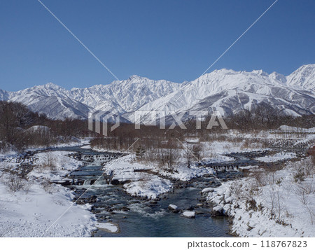 Winter in the Northern Alps: Mount Goryu and Matsukawa River, Hakuba Village, Nagano Prefecture Winter in the Northern Alps: Mount Goryu and Matsukawa River, Hakuba Village, Nagano Prefecture 118767823