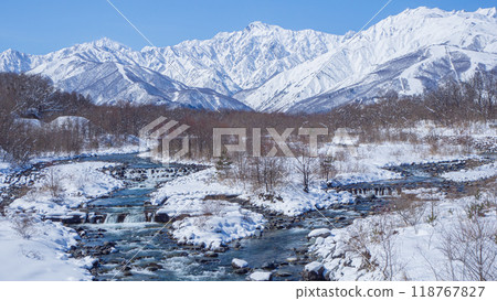 Winter in the Northern Alps: Mount Goryu and Matsukawa River, Hakuba Village, Nagano Prefecture Winter in the Northern Alps: Mount Goryu and Matsukawa River, Hakuba Village, Nagano Prefecture 118767827