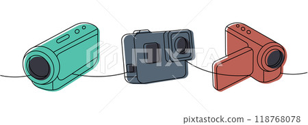 Professional video camera, action camera one line colored continuous drawing. Professional photo equipment. Vector linear illustration. Professional video camera, action camera one line colored continuous drawing. Professional photo equipment. Vector linear illustration. 118768078