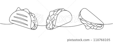 Beef tacos one line continuous drawing. Traditional Mexican fast-food. Vector linear illustration. 118768105