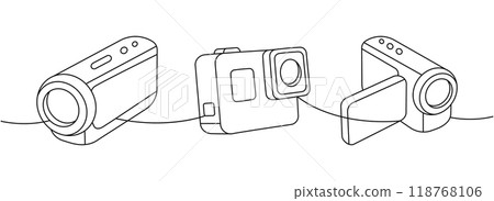 Professional video camera, action camera one line continuous drawing. Professional photo equipment. Vector linear illustration. Professional video camera, action camera one line continuous drawing. Professional photo equipment. Vector linear illustration. 118768106
