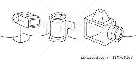 External flash, camera film roll, vintage camera with bellows one line continuous drawing. Professional photo equipment. Vector linear illustration. 118768108