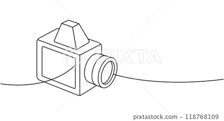 Old vintage camera with bellows one line continuous drawing. Professional photo equipment. Vector linear illustration. Old vintage camera with bellows one line continuous drawing. Professional photo equipment. Vector linear illustration. 118768109
