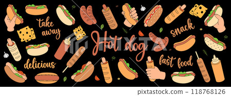 Hot dogs set. American street fast food. Long buns, sausage, vegetables, sauces. Vector illustration. 118768126