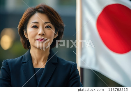穿著西裝的日本女性站在日本國旗前(日本代表、外交、海外旅行、政治家、政治活動) 穿著西裝的日本女性站在日本國旗前(日本代表、外交、海外旅行、政治家、政治活動) 118768215