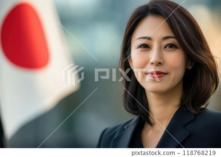 穿著西裝的日本女性站在日本國旗前(日本代表、外交、海外旅行、政治家、政治活動) 穿著西裝的日本女性站在日本國旗前(日本代表、外交、海外旅行、政治家、政治活動) 118768219