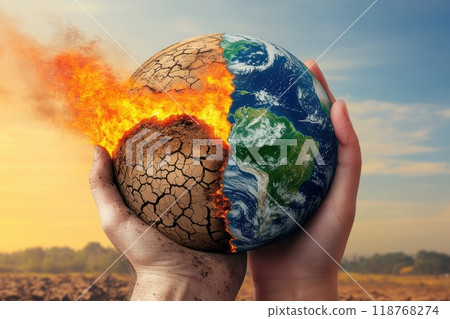 A photo of half desert and half green forest, evoking global warming (SDGs, eco, global warming, ecology, environmental issues) 118768274