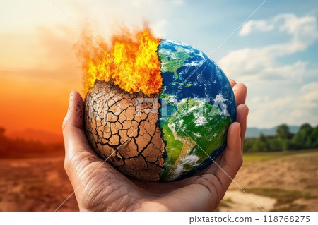 A photo of half desert and half green forest, evoking global warming (SDGs, eco, global warming, ecology, environmental issues) 118768275