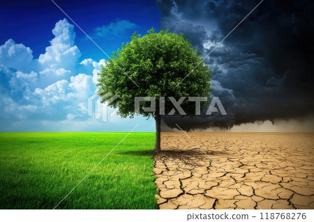 一張一半是沙漠、一半是綠色森林的照片，靈感來自全球暖化（永續發展目標、生態、全球暖化、生態、環境議題） 118768276