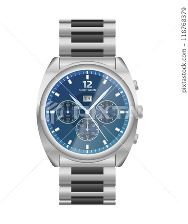 Elegant chrome wrist watch. Steel watch chronograph. Conception of punctuality, accuracy and time measurement flat vector illustration isolated on white background. 118768379