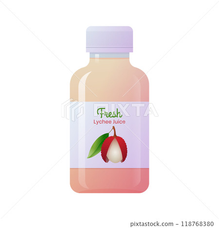 Fresh lychee juice glass bottle. Natural organic tropical bottled drink. Healthy diet, vegetarian detox product mockup template vector illustration isolated on white background Fresh lychee juice glass bottle. Natural organic tropical bottled drink. Healthy diet, vegetarian detox product mockup template vector illustration isolated on white background 118768380