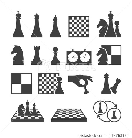 Chess game black icons on white background. Double chess clock, chessboard and chess pieces isolated set. Sport equipment for strategy game vector illustration. Chess classes and tournament symbols. Chess game black icons on white background. Double chess clock, chessboard and chess pieces isolated set. Sport equipment for strategy game vector illustration. Chess classes and tournament symbols. 118768381
