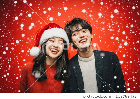 Japanese couple wearing Santa hats and enjoying Christmas (lovers, dating, matchmaking, matching app, winter clothes, 118768452
