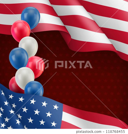 USA country patriotic greeting background. Realistic waving american flag and colorful air balloons. Independence and freedom, democracy and patriotism vector concept. USA country day celebration 118768455
