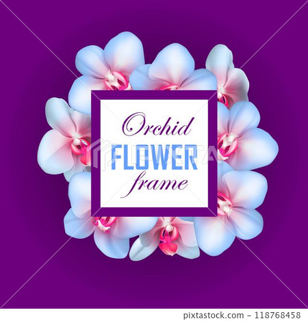 Orchid square frame violet background. White banner with tropical flowers. Vector illustration Orchid square frame violet background. White banner with tropical flowers. Vector illustration 118768458