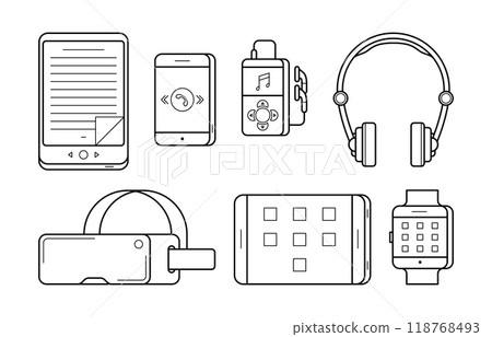 Media icons in thin line style. Electronic multimedia devices and person gadgets eBook, smartphone and player, headphones, headset and tablet. Vector outline illustration isolated on white. 118768493