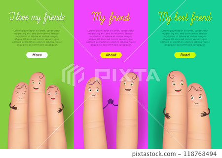 Friendship day poster finger collection. Important occasion gift for the best friend. Flat style vector realistic illustration isolated on green and purple background 118768494